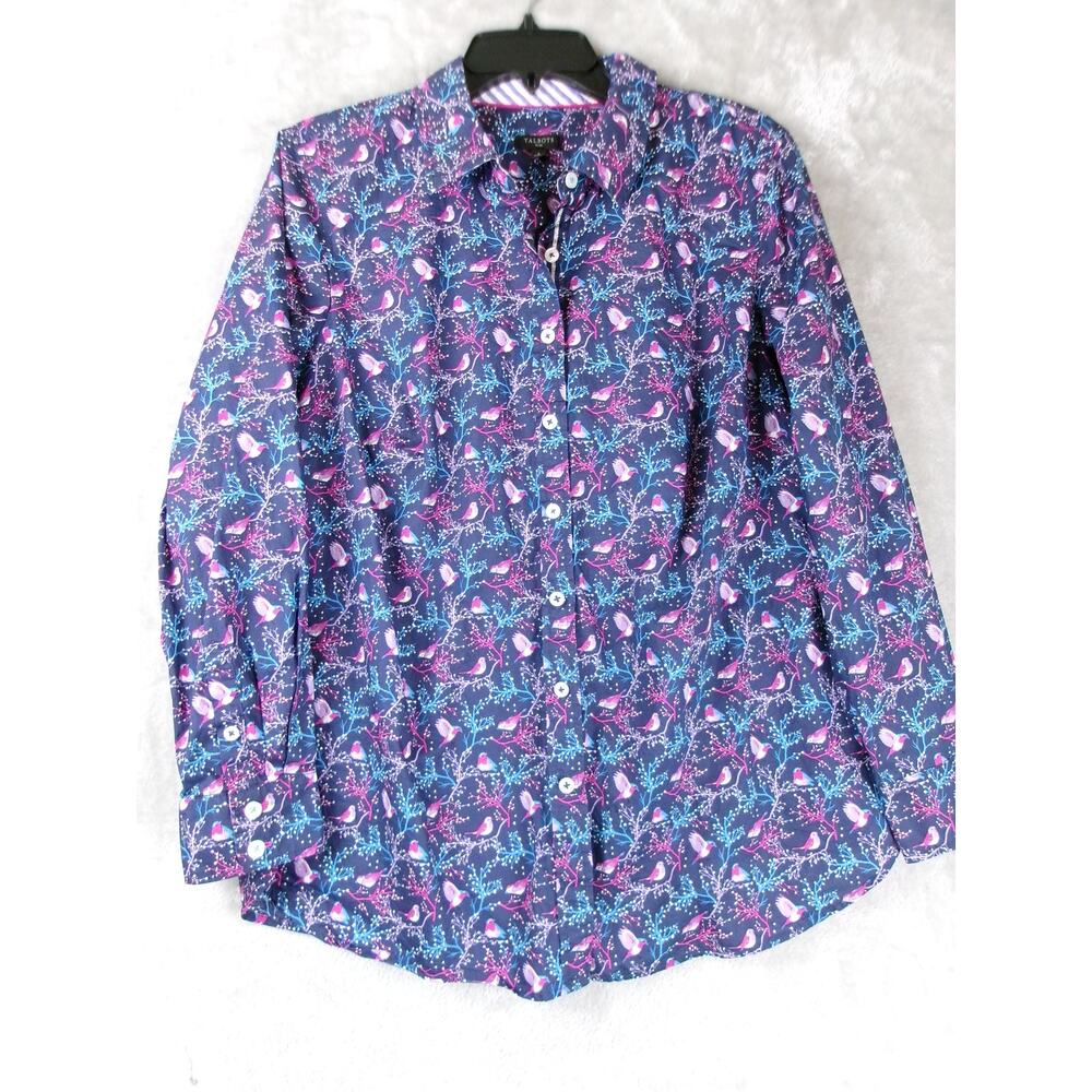 Talbots Plus X Navy Bird Print Cotton Button Front Shirt